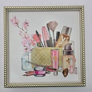 Designer Inspired Makeup Vanity Framed Wall Art Cherry Blossom Gold Beaded Frame